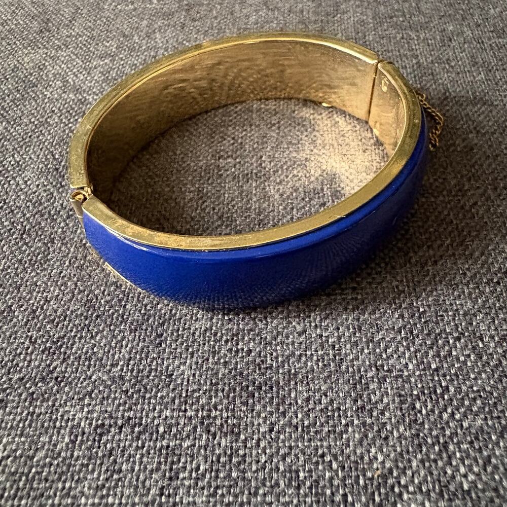 Blue & Gold Wide Bangle Fashion Bracelet Hinged Chain Closure - Costume Jewelry